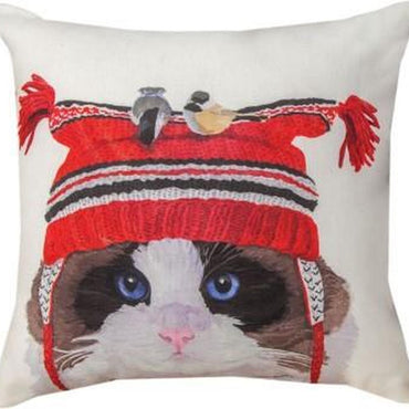 Cat with Birds in Hat Pillow