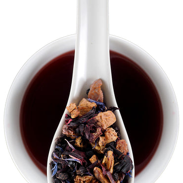 Ingredients: Blueberries, apples, hibiscus & cornflower petals, elderberries, currants, raisins, natural flavors