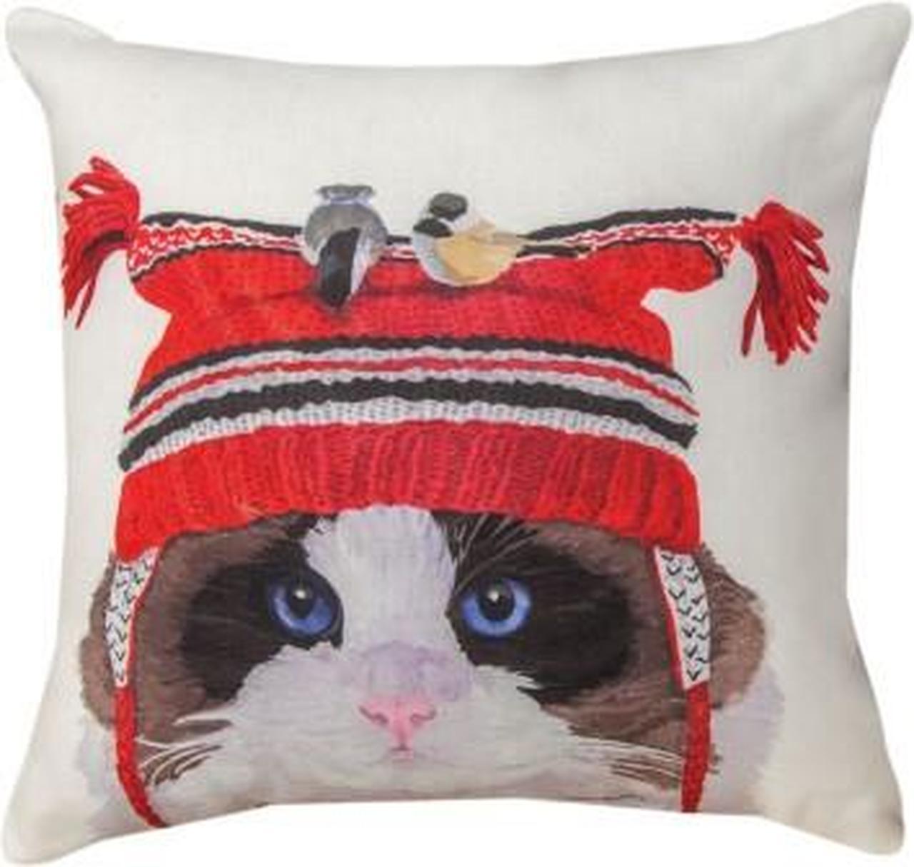 Cat with Birds in Hat Pillow